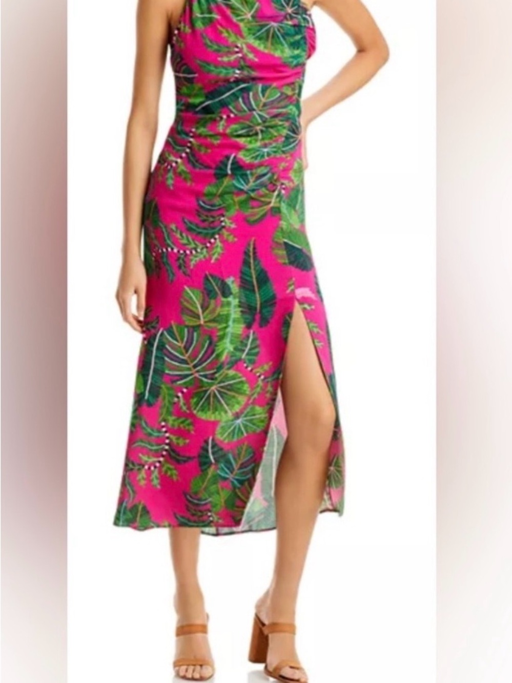 FARM Rio Pink Tropical One-Shoulder Dress with Green Leaf Print